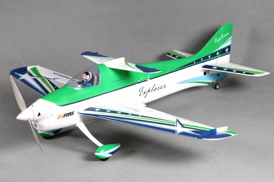 FMS 1020mm F3A Explorer PNP green and blue RC airplane for precision aerobatics.