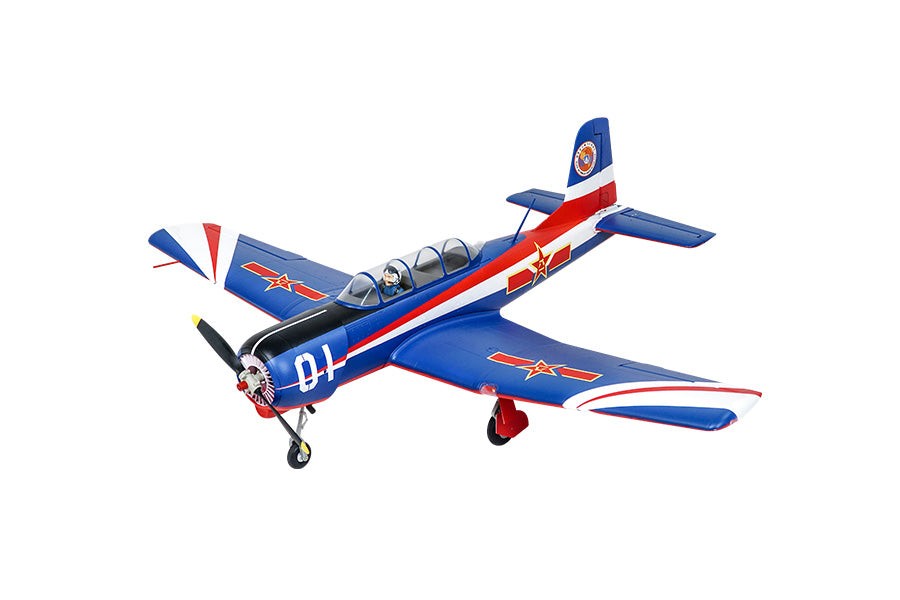 FMS Nanchang CJ-6 V2 RC airplane in vibrant blue and red trim with detailed cockpit.