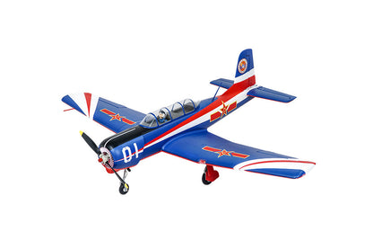 FMS Nanchang CJ-6 V2 RC airplane in vibrant blue and red trim with detailed cockpit.