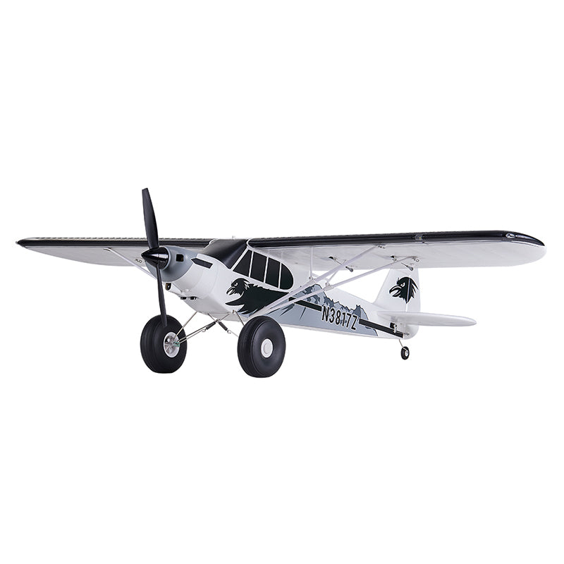 FMS 1300mm PA-18 Super Cub RC airplane in black and white.