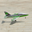 FMS EDF Jet 64mm Futura in green and gray flying over a runway