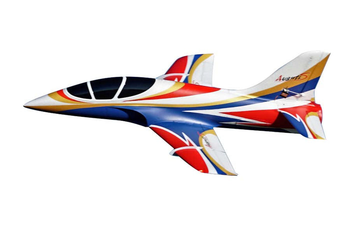 FMS Avanti V3 EDF jet model in vibrant red, blue, and gold flying pose