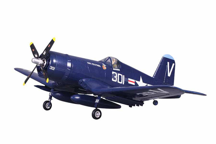 FMS 800mm F4U Corsair scale model in navy blue with intricate markings and propeller