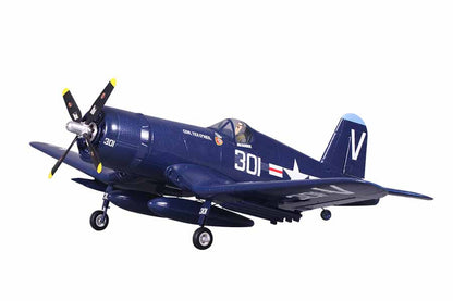 FMS 800mm F4U Corsair scale model in navy blue with intricate markings and propeller