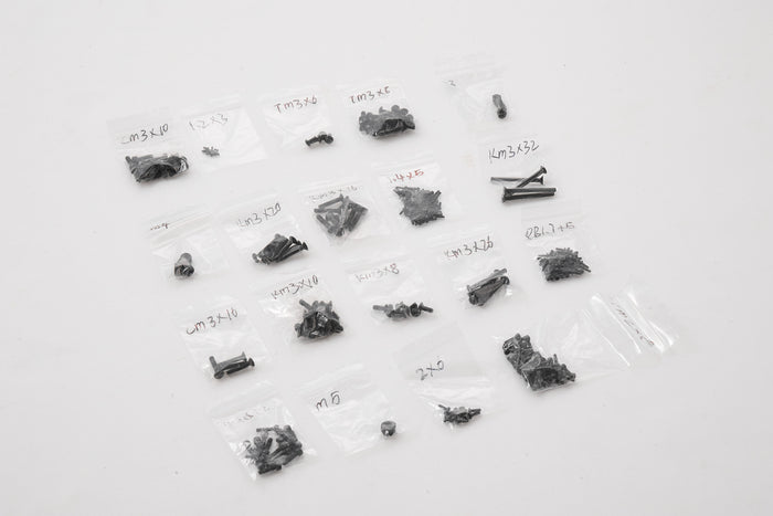 RC model screw set parts in labeled bags for 1:10 Toyota FJ40 assembly.