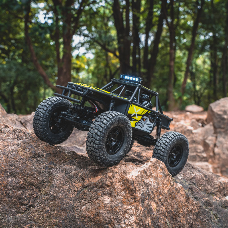 FMS 1:24 FCX24 Lemur RTR rock crawler on rocky surface with yellow detailing