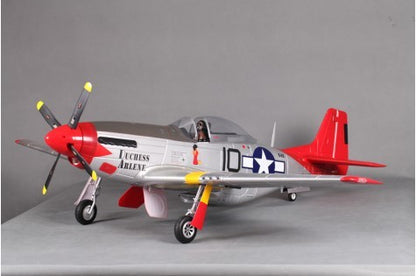 FMS 1400mm P-51D V8 RC model airplane with red tail, detailed pilot figure, and vibrant design.