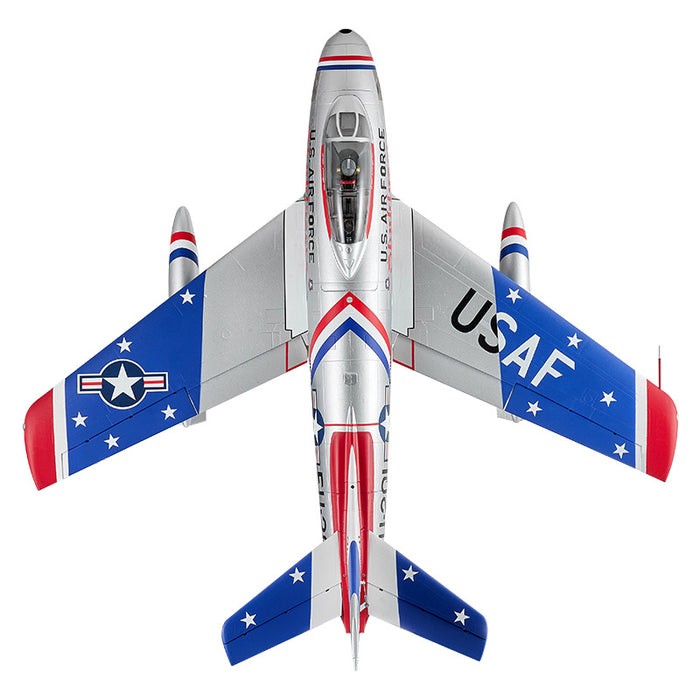 FMS EDF 80mm F-86 Sabre jet in USAF colors, top view of remote-controlled aircraft