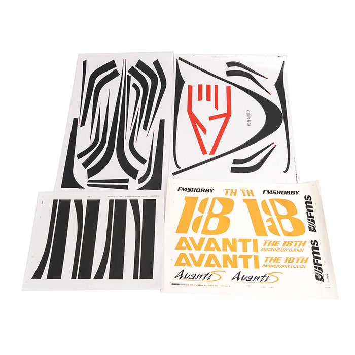 Decal sheet for 90mm Avanti RC model with various designs and text