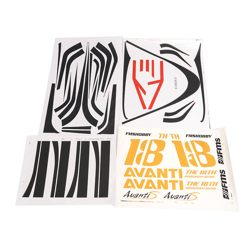 Decal sheet for 90mm Avanti RC model with various designs and text