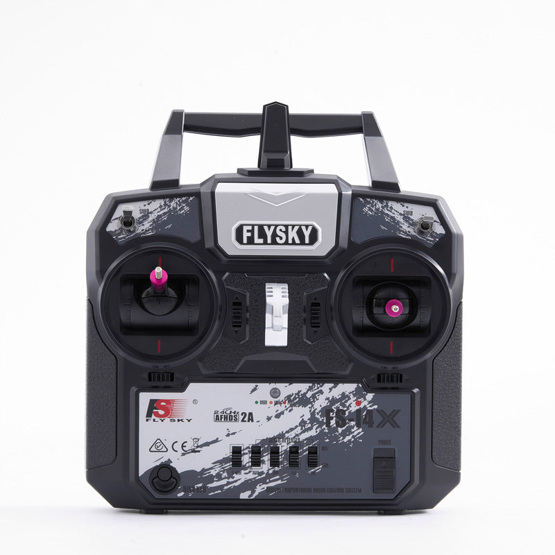 Flysky 6 channel transmitter for RC airplanes and vehicles, featuring dual joysticks.