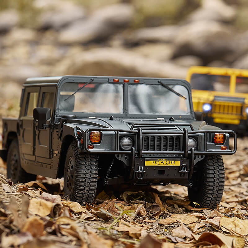 Detailed FMS Hummer H1 RS model in black on leaves, highlighting rugged design.