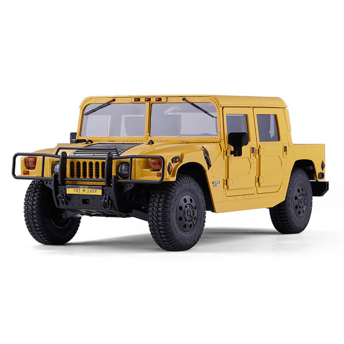 FMS 1:12 yellow RC Hummer H1 model highlighting realistic design and durable features.
