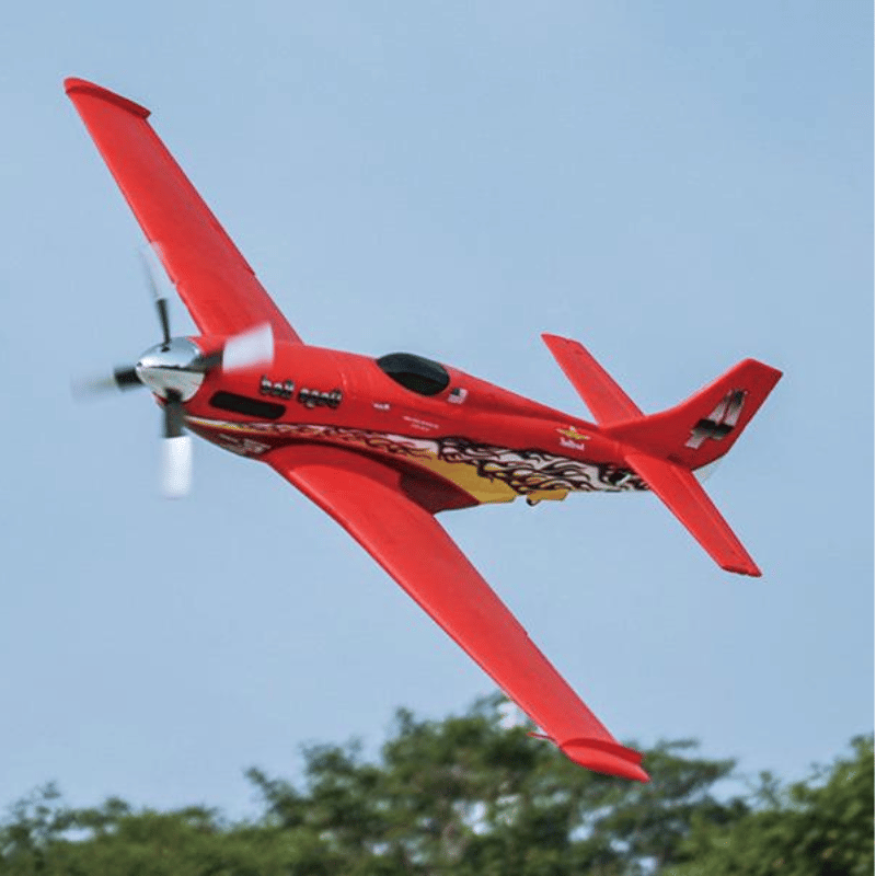 FMS 1100mm P-51 Mustang V2 racer in Voodoo color scheme soaring in flight