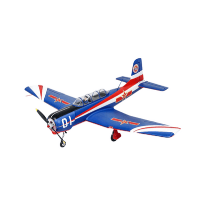 Blue Nanchang CJ-6 model airplane with red and white accents