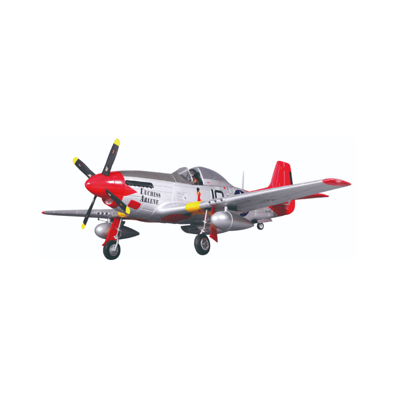 FMS 1400mm P-51D Red Tail V8 RC airplane with vibrant red accents.