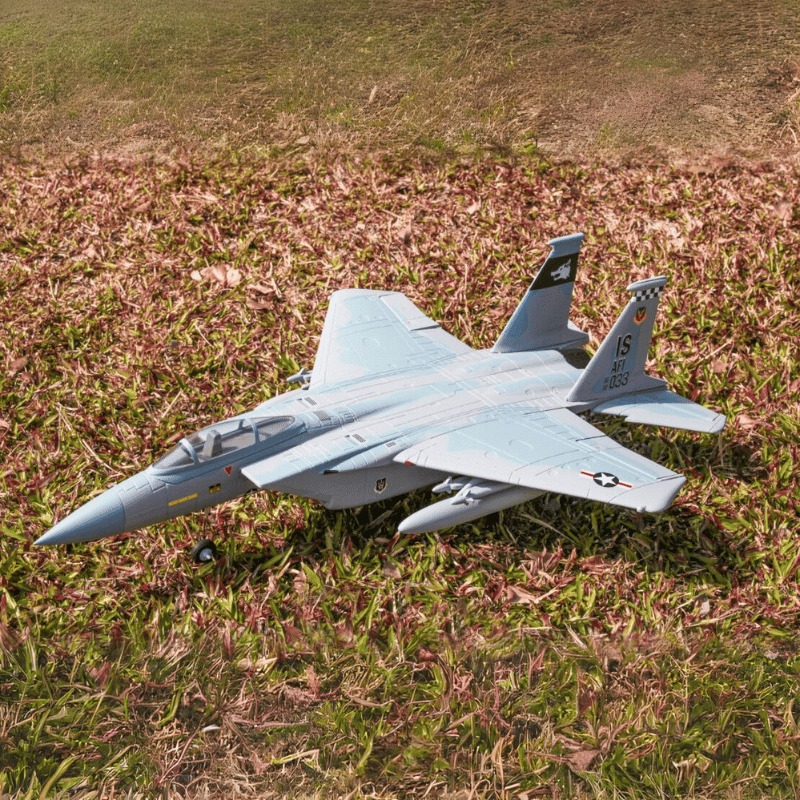 FMS 64mm EDF F-15 V2 PNP jet model on grass with realistic military design