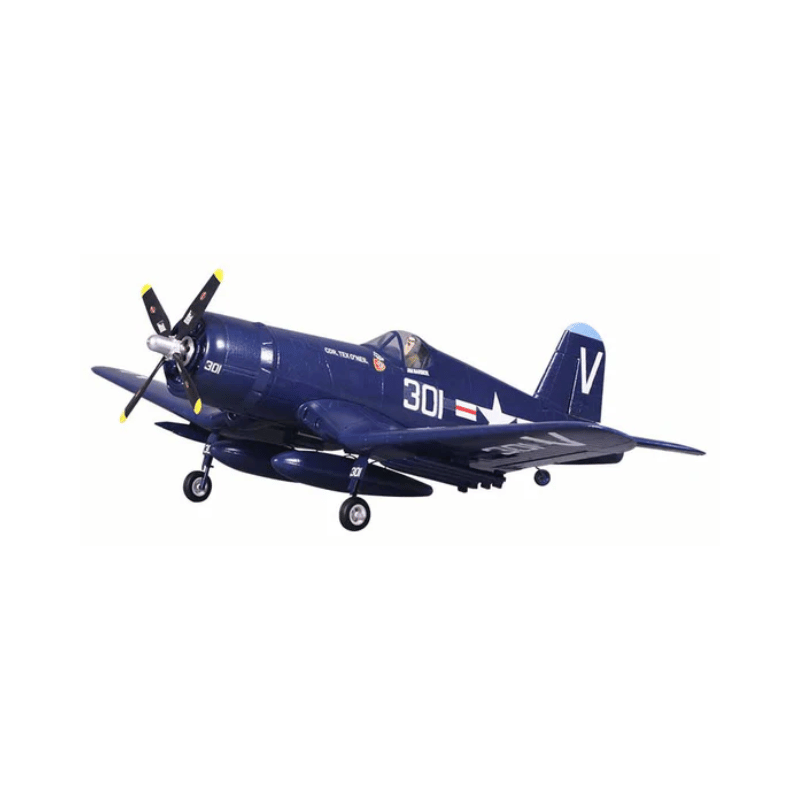 FMS 800mm F4U Corsair model airplane in navy blue with propeller