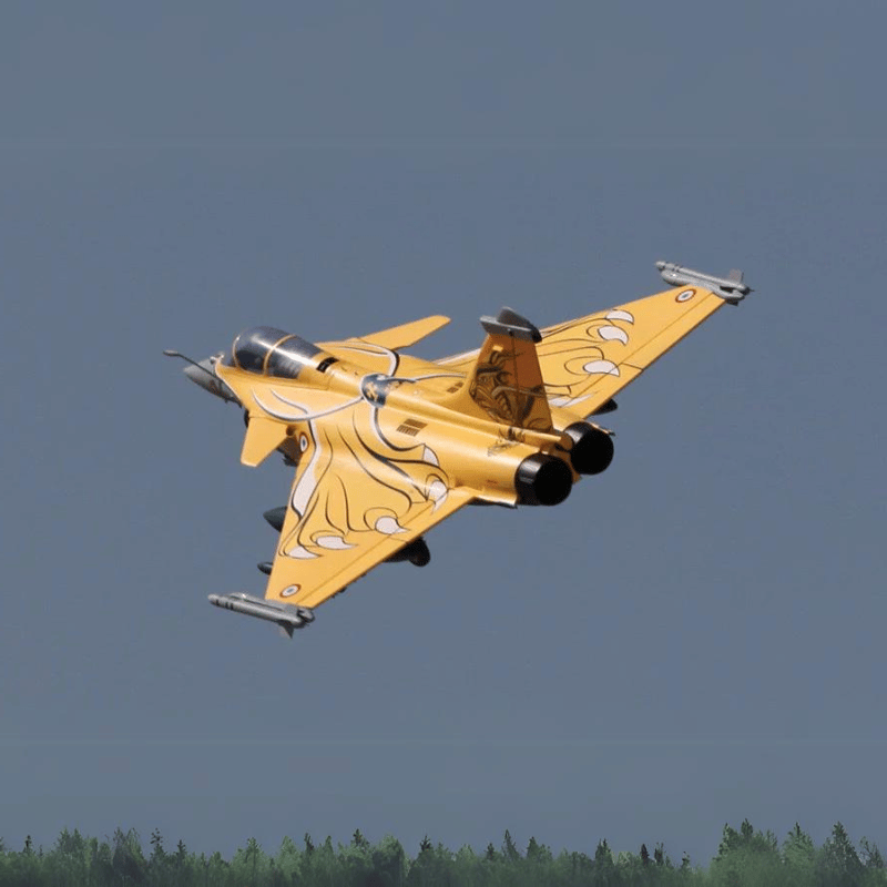 FMS 80mm Rafale EDF Jet in flight with unique yellow floral design